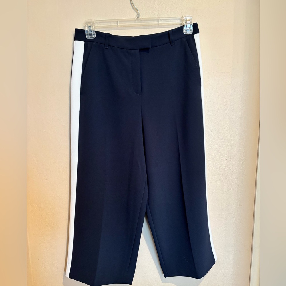 Michael Kors Navy Blue Wide Ankle Pants with White Side Stripe